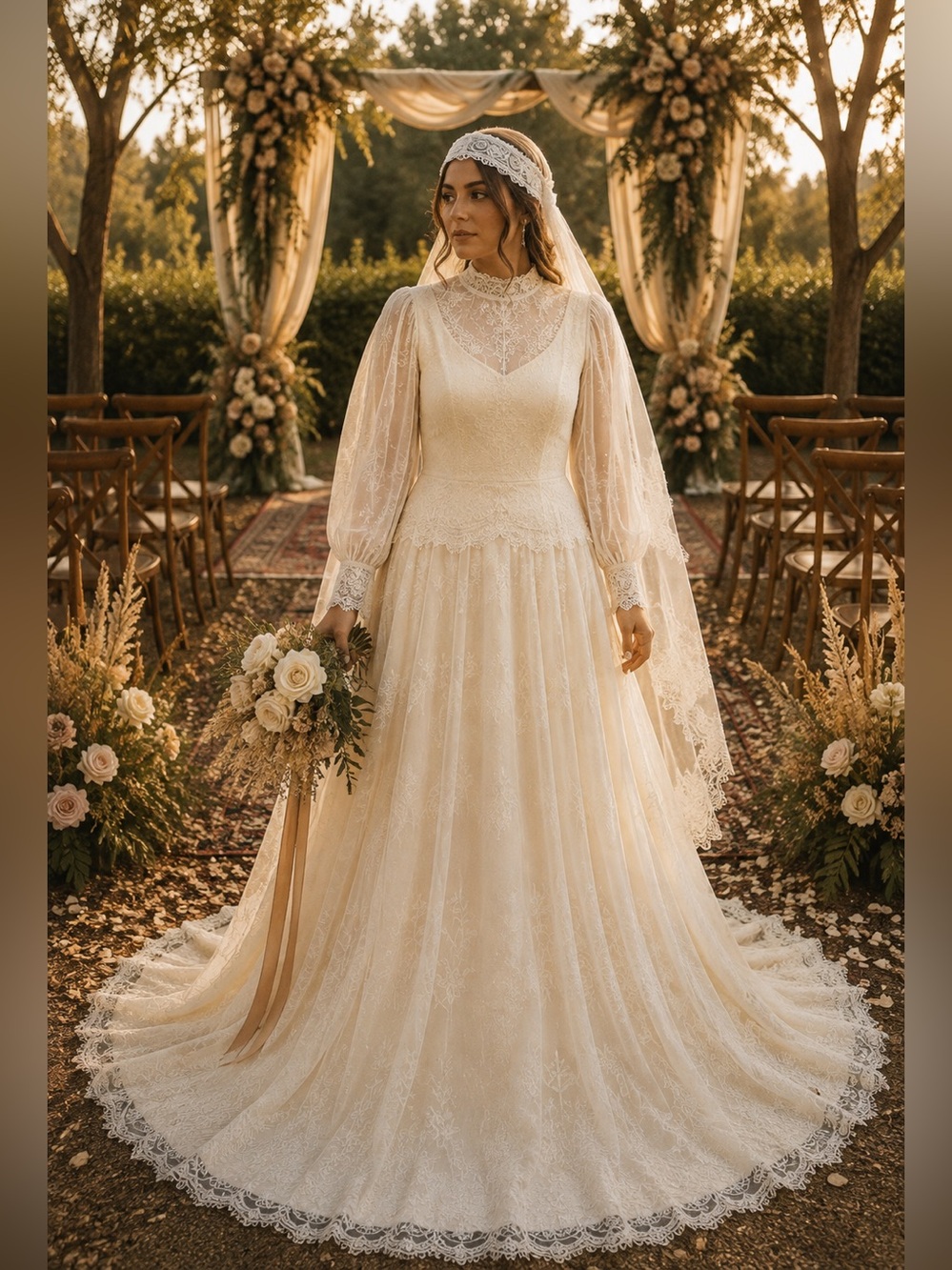 Vintage Boho Lace Wedding Dress 10/12 Ivory Veil 3 Piece Bridal Set